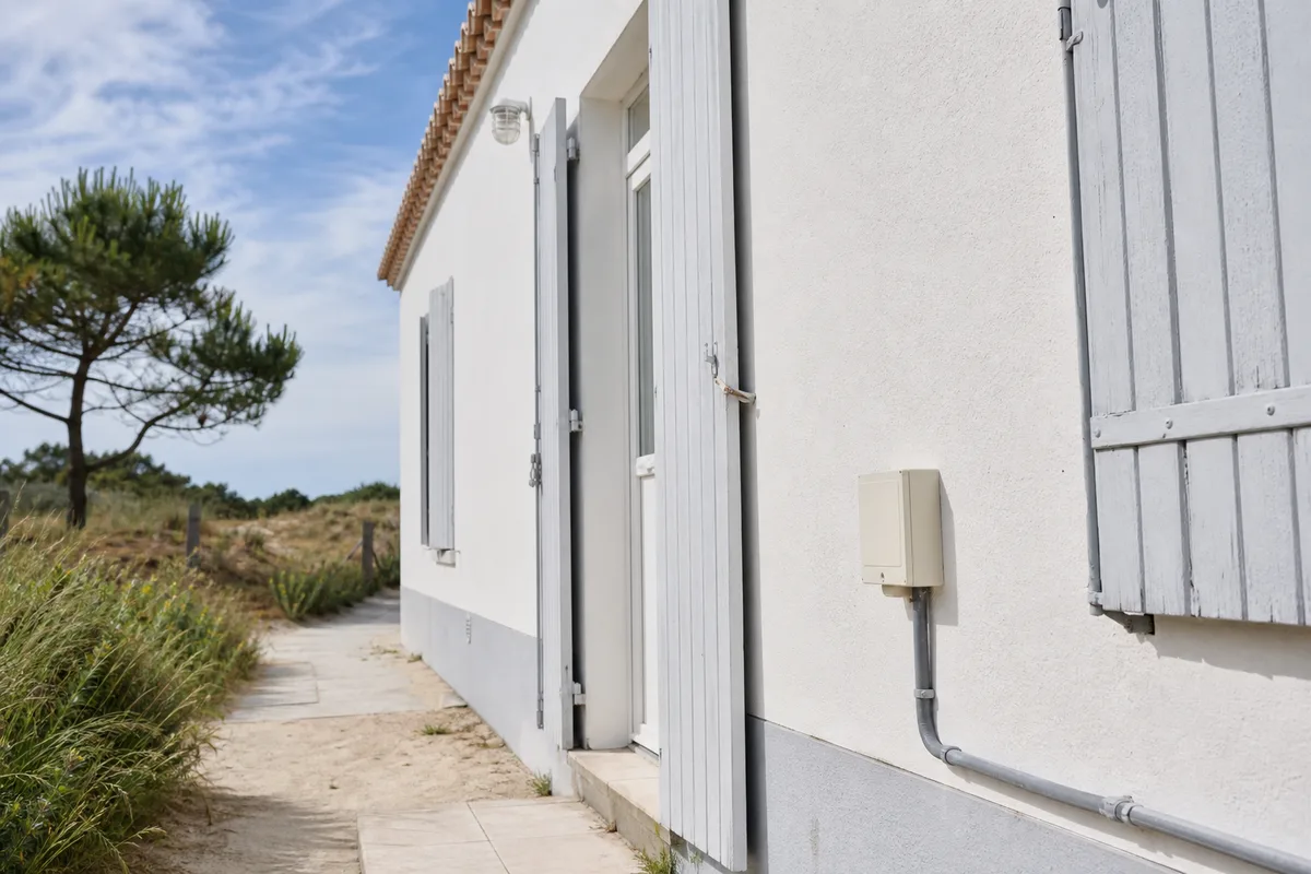 Maison du littoral royannais avec un coffret électrique extérieur sur une façade claire