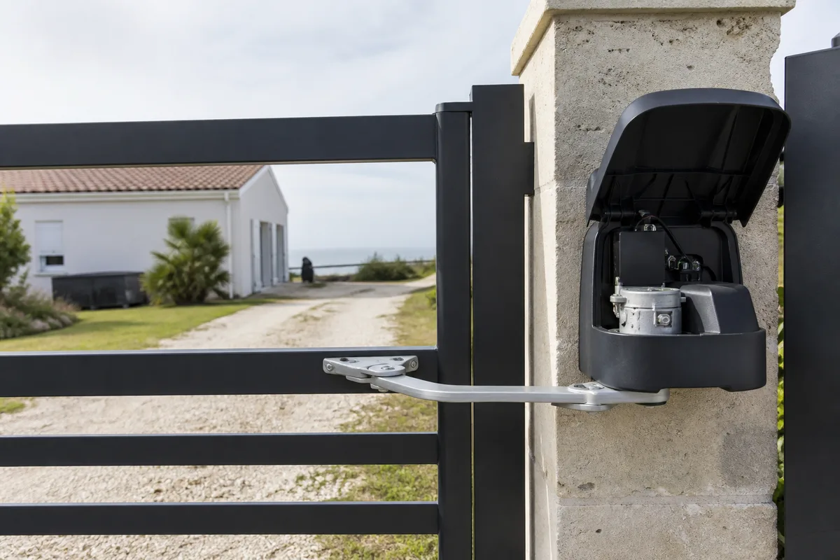 Portail battant en aluminium équipé de bras motorisés dans une allée de maison du littoral royannais