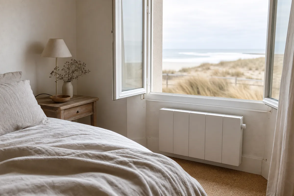 Radiateur à inertie récent posé dans une chambre lumineuse ouverte sur le littoral atlantique