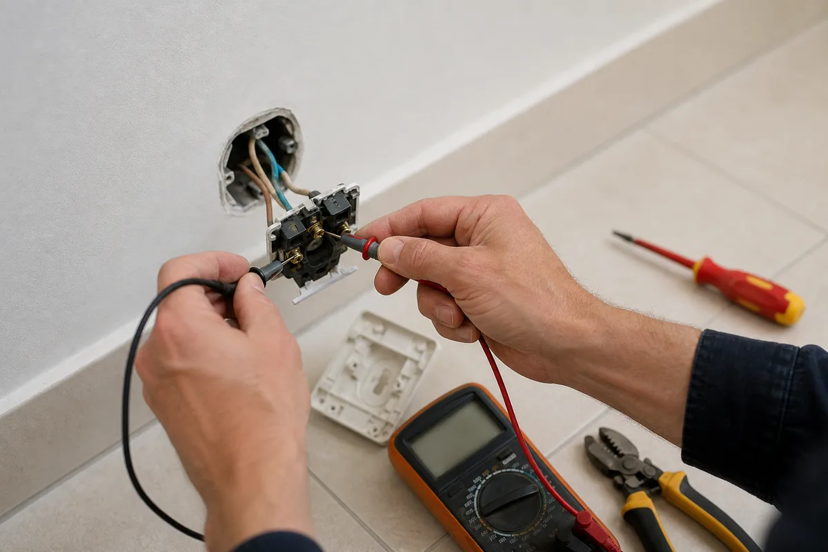 Mains d&rsquo;un électricien mesurant la tension sur une prise démontée