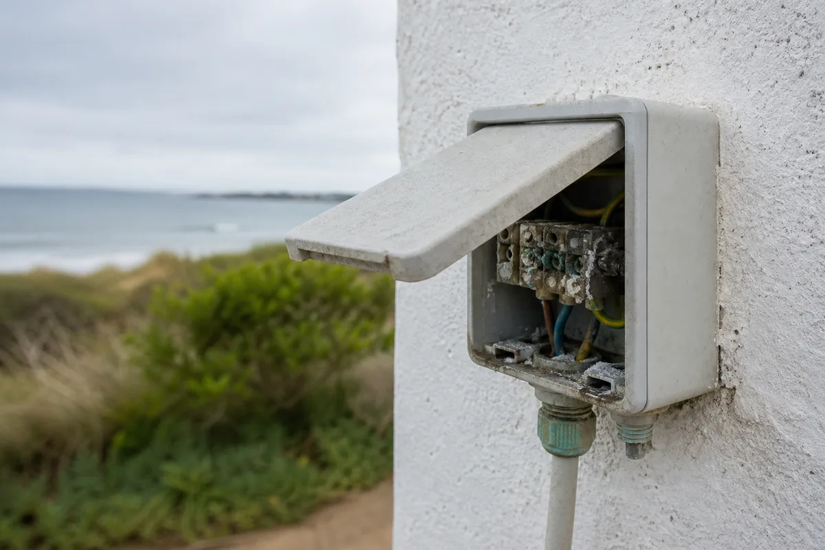 Coffret électrique extérieur corrodé par l&rsquo;air salin sur une façade littorale