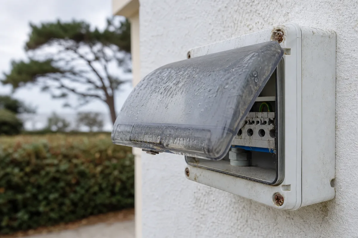 Coffret électrique extérieur en façade d’une maison de bord de mer à Vaux-sur-Mer, contacts marqués par l’air salin