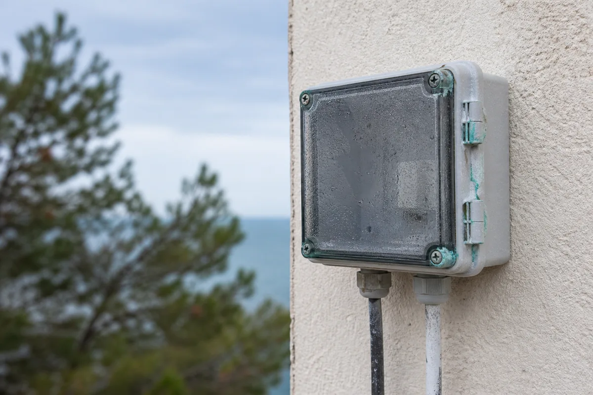 Coffret électrique extérieur marqué par la corrosion saline sur une façade proche de l&rsquo;océan