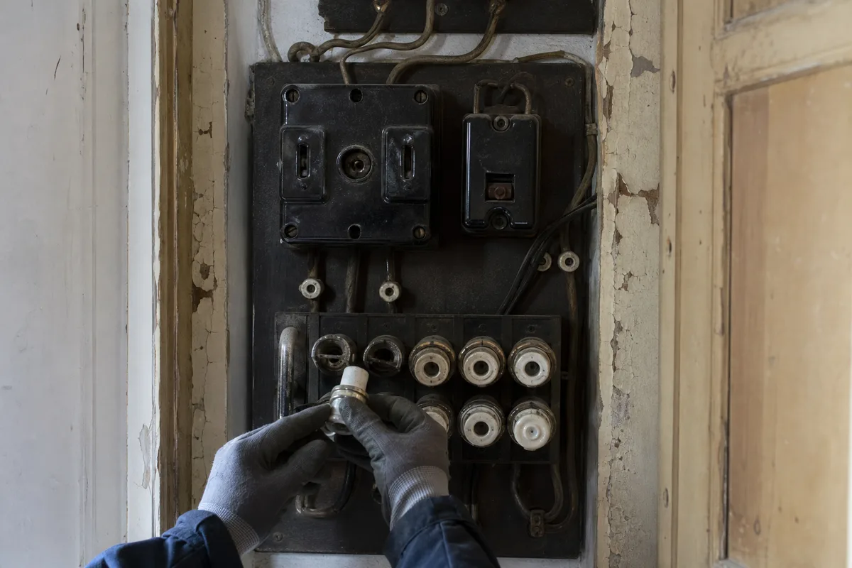 Tableau électrique ancien à fusibles dans un appartement de la Reconstruction à Royan