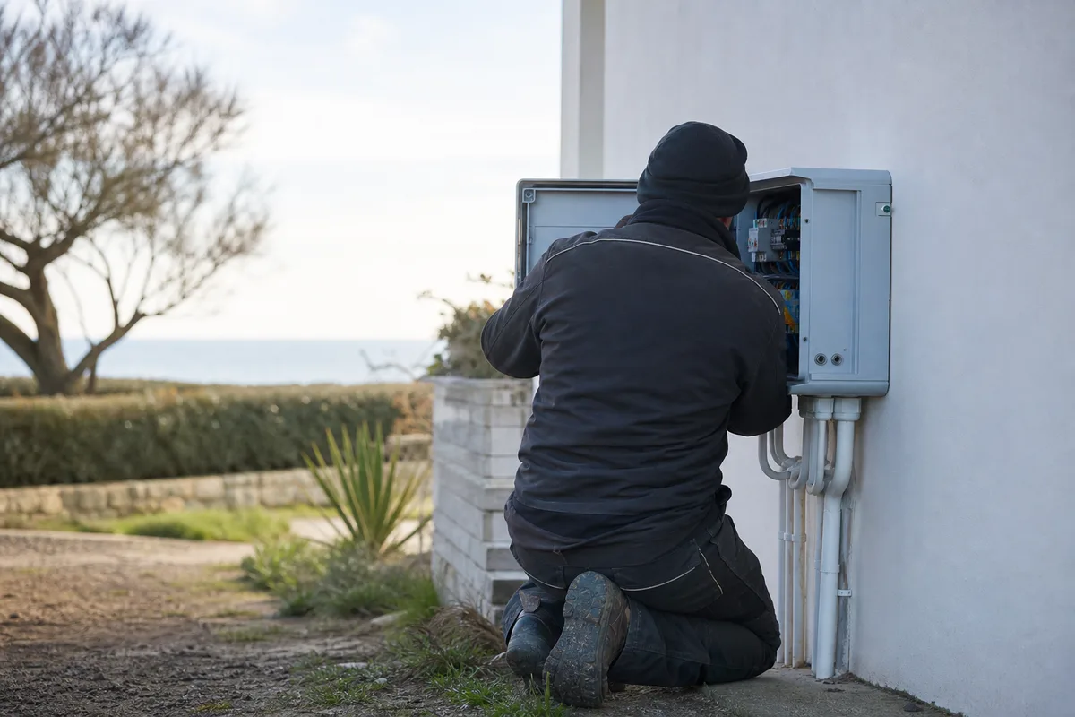 Électricien de dos vérifiant un coffret extérieur sur une villa du littoral royannais