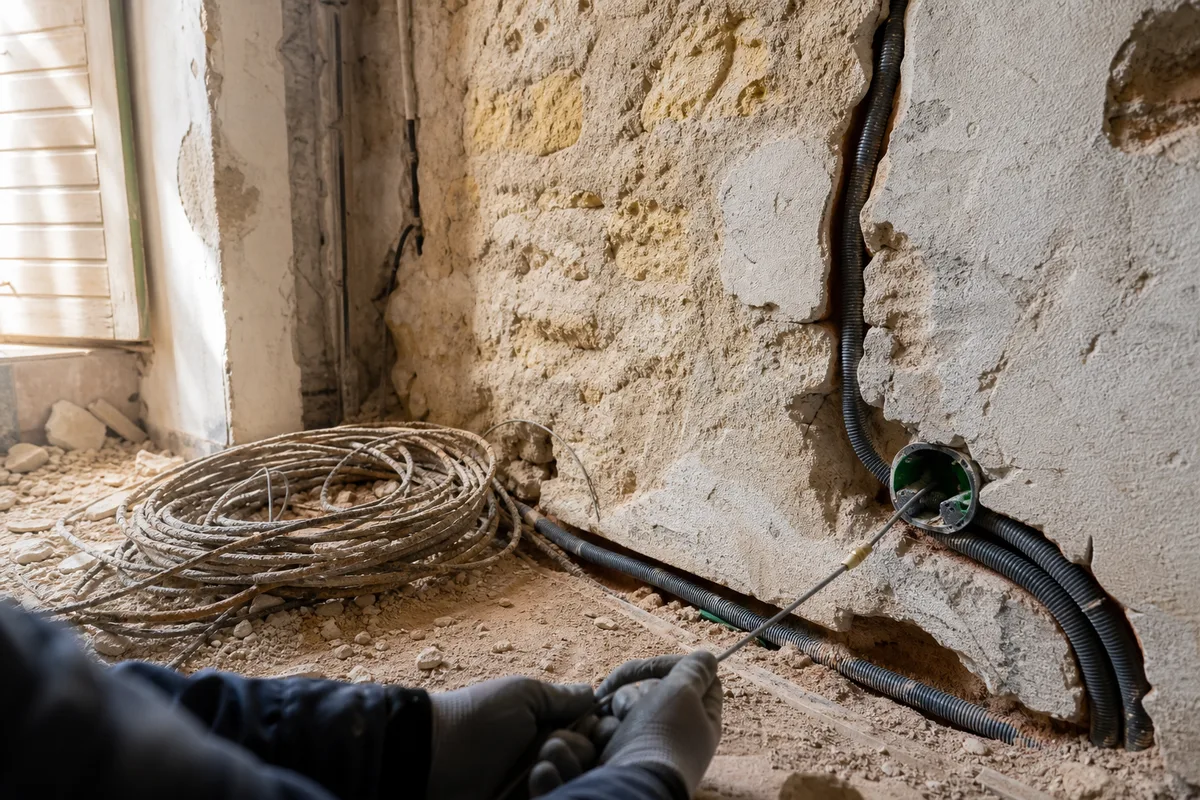 Ancien câblage déposé et nouvelles gaines tirées dans une maison en rénovation près de Royan