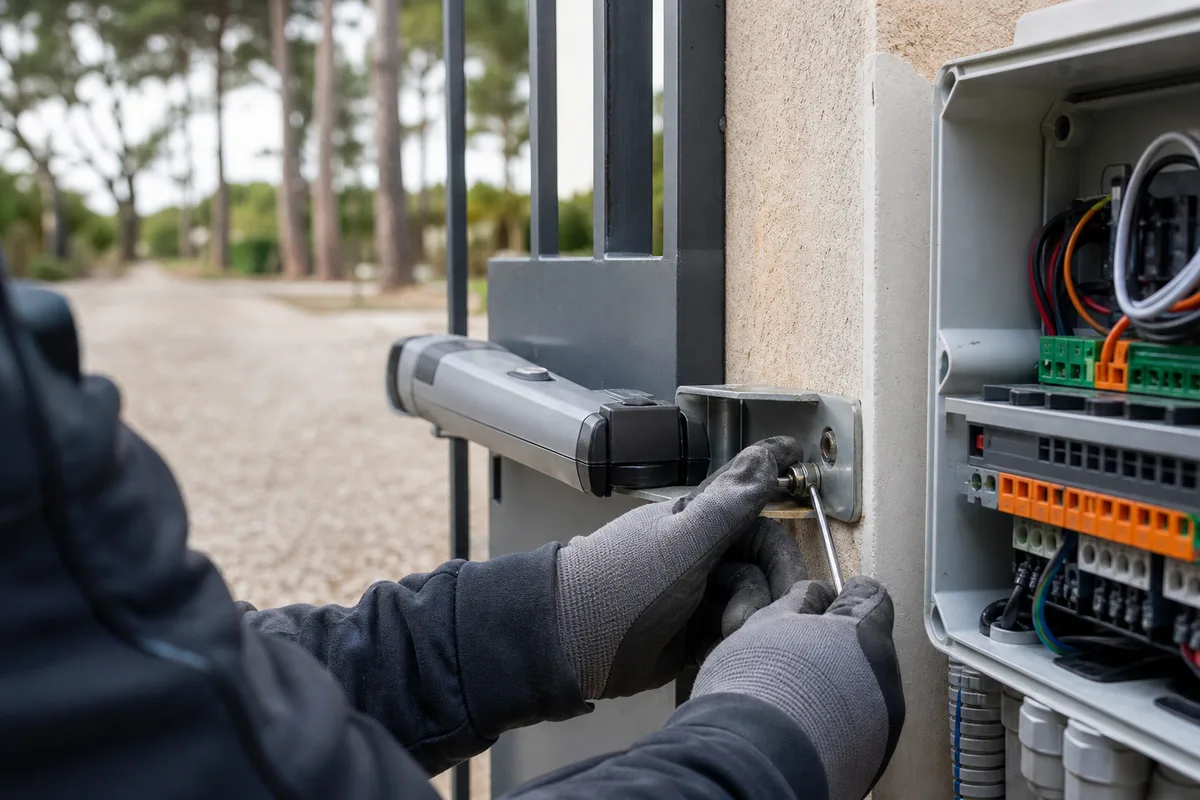 Bras de motorisation sur un portail en fer, allée bordée de pins et lumière voilée de bord de mer