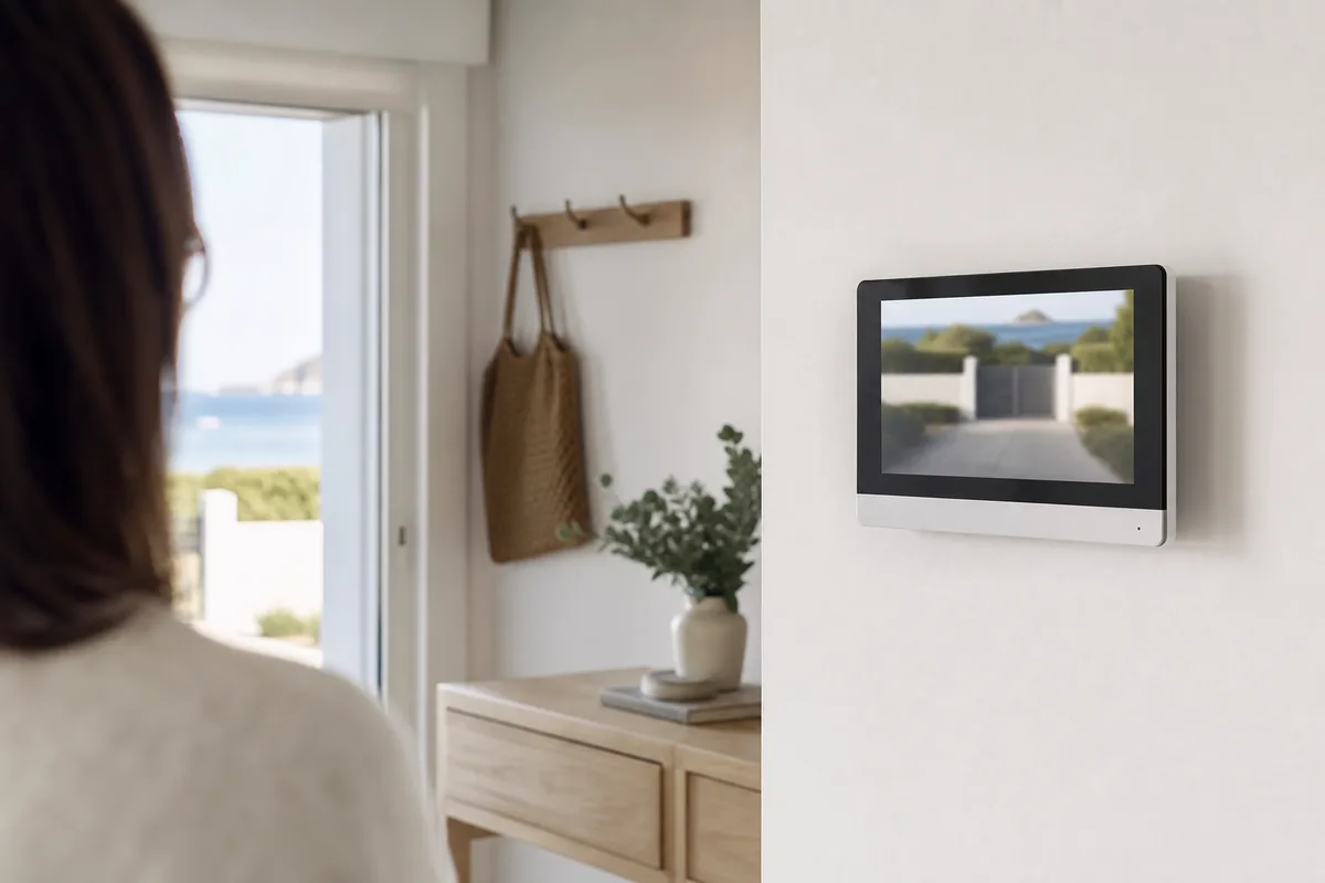Poste intérieur de visiophone fixé dans une entrée de maison claire
