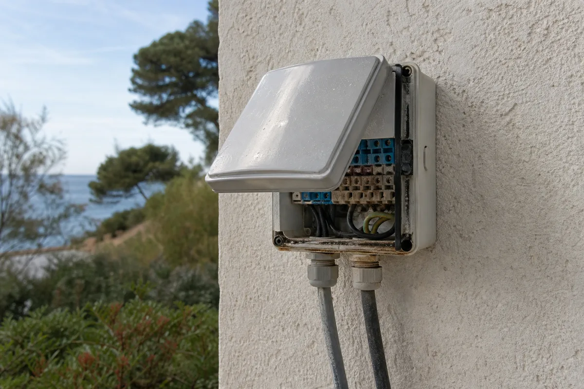 Coffret électrique extérieur corrodé par l&rsquo;air salin sur un mur de maison face à l&rsquo;océan