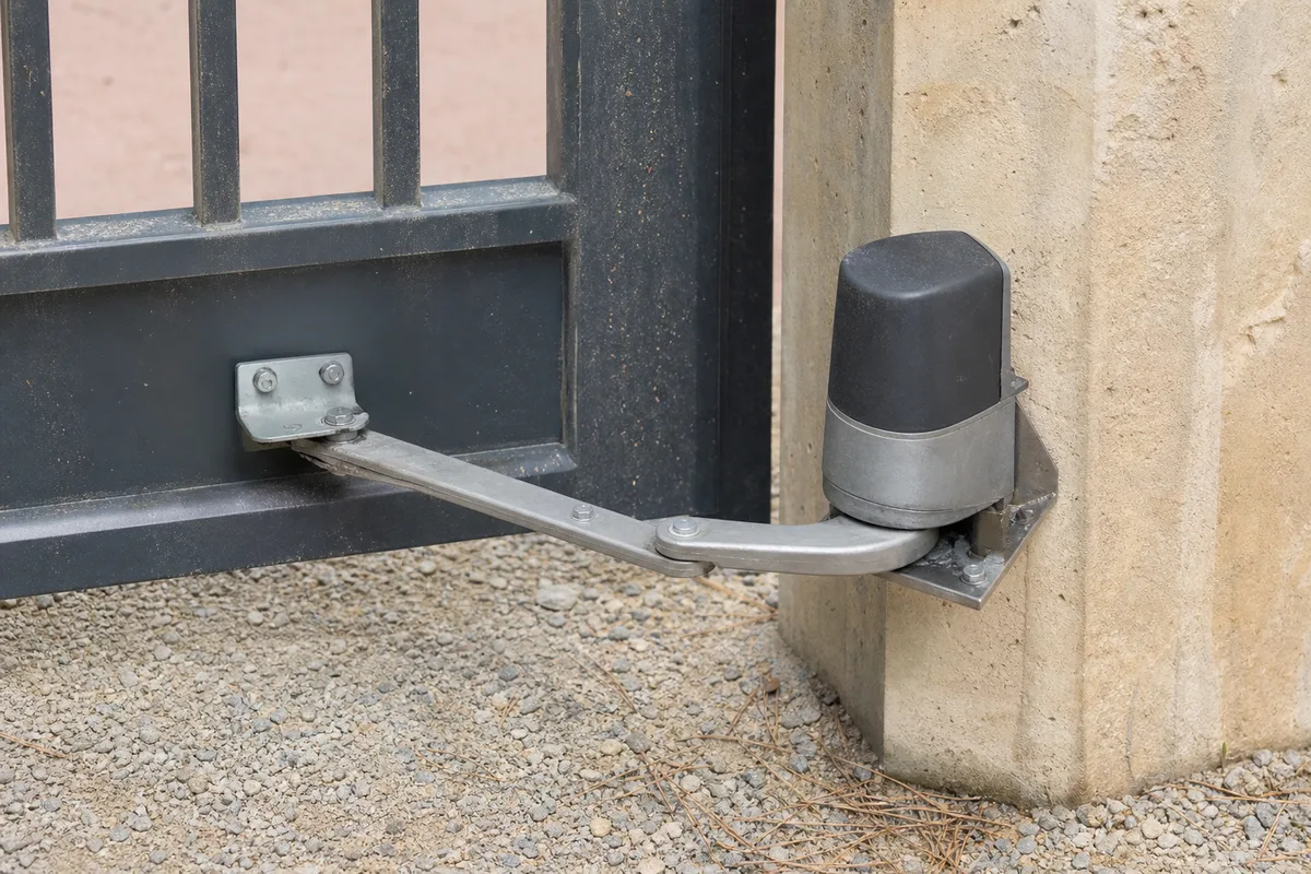 Portail battant en aluminium clair devant une allée de gravier, dans un jardin de bord de mer