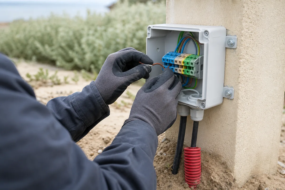 Coffret de commande et câblage d’une motorisation de portail fixés sur un pilier maçonné