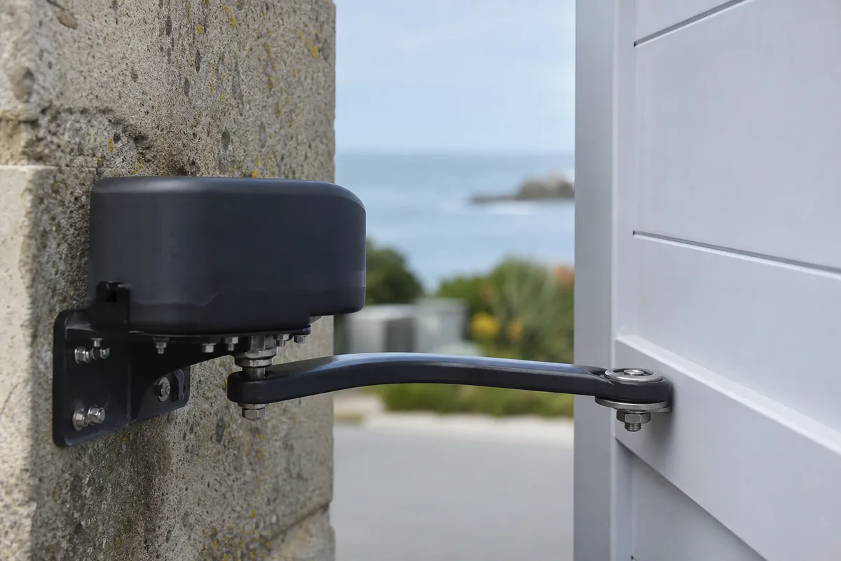 Portail battant en aluminium clair équipé d&rsquo;un bras motorisé dans un jardin de bord de mer