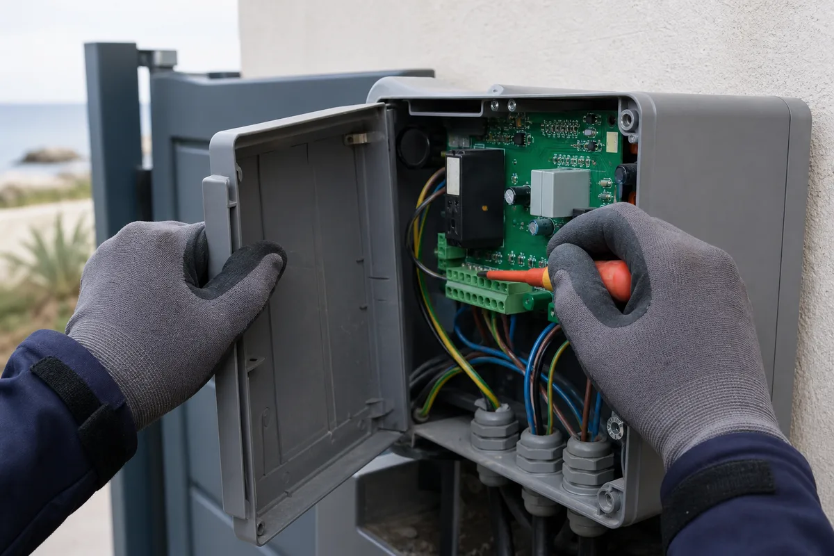 Mains gantées d&rsquo;un technicien contrôlant la carte électronique d&rsquo;un coffret de motorisation de portail