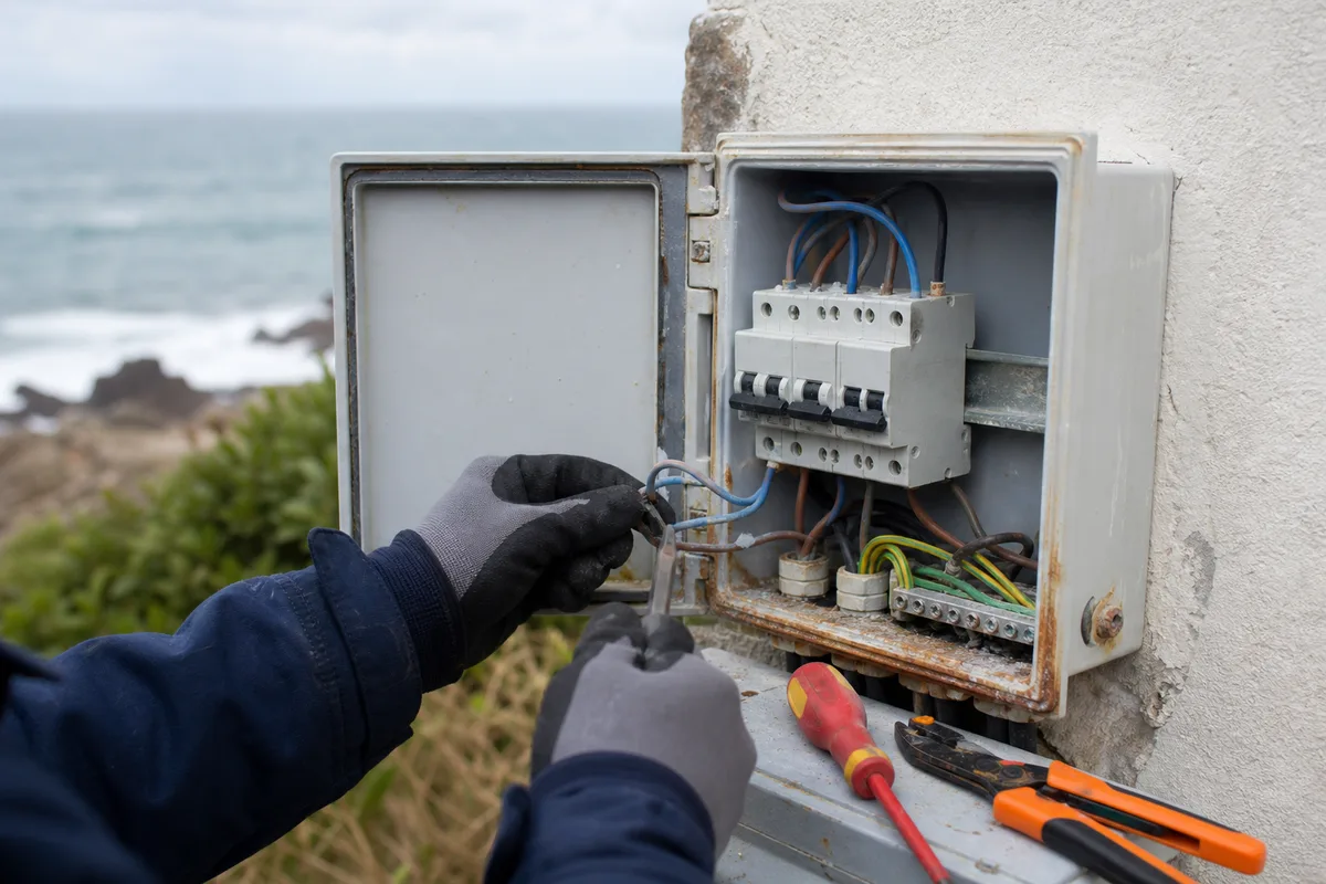 Coffret électrique extérieur d’une maison de bord de mer, boîtier ouvert et outillage posé à côté