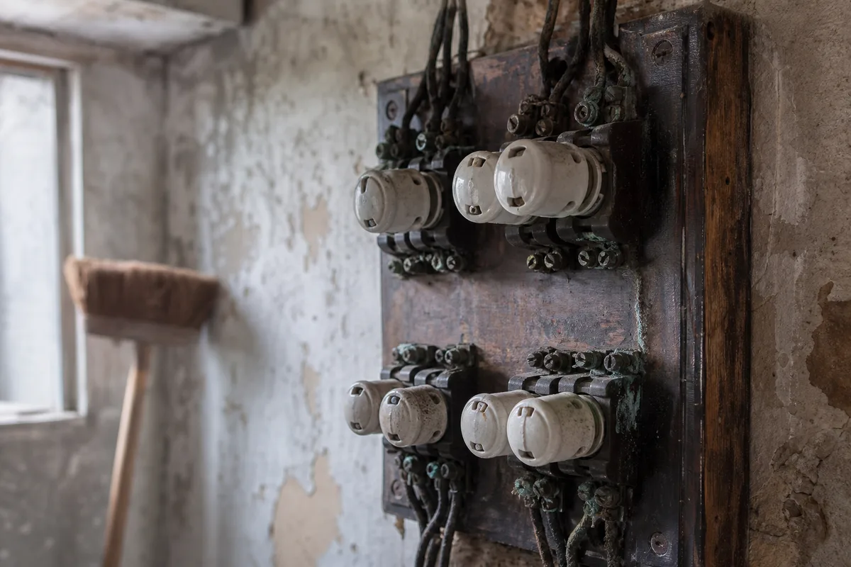 Ancien tableau électrique à fusibles en céramique ouvert dans un cellier de maison de bord de mer