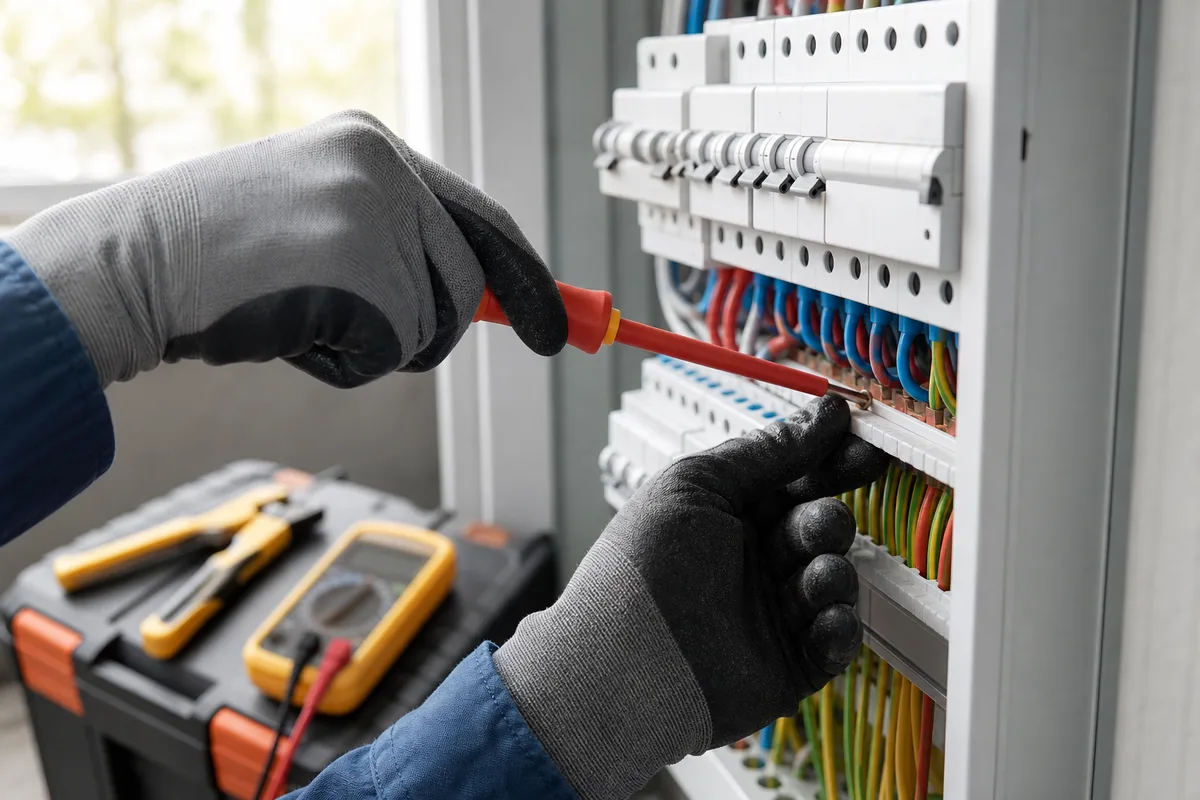 Nouveau tableau électrique modulaire câblé et repéré, mains gantées d’un électricien serrant un peigne d’alimentation